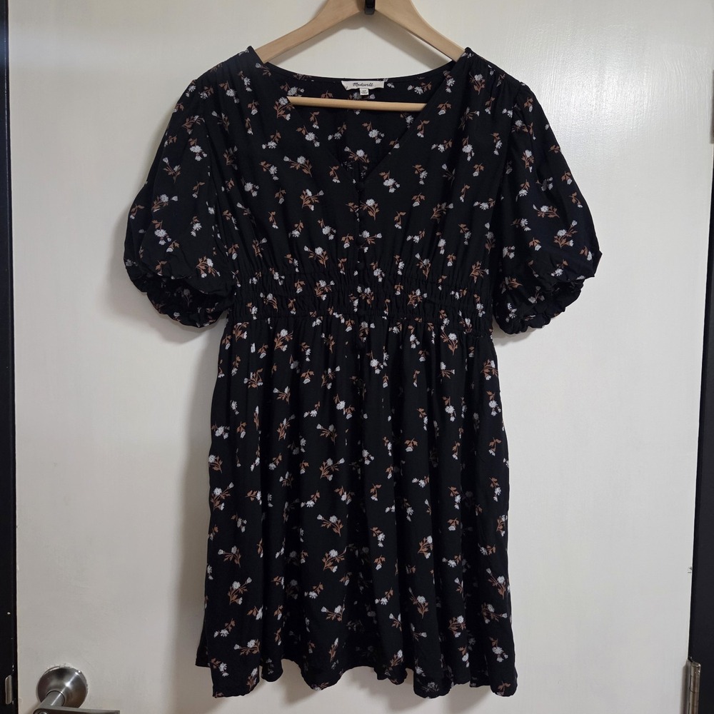 Madewell Womens Black‎ Floral Mini Dress PM Puff Sleeve V Neck Boho Cottagecore